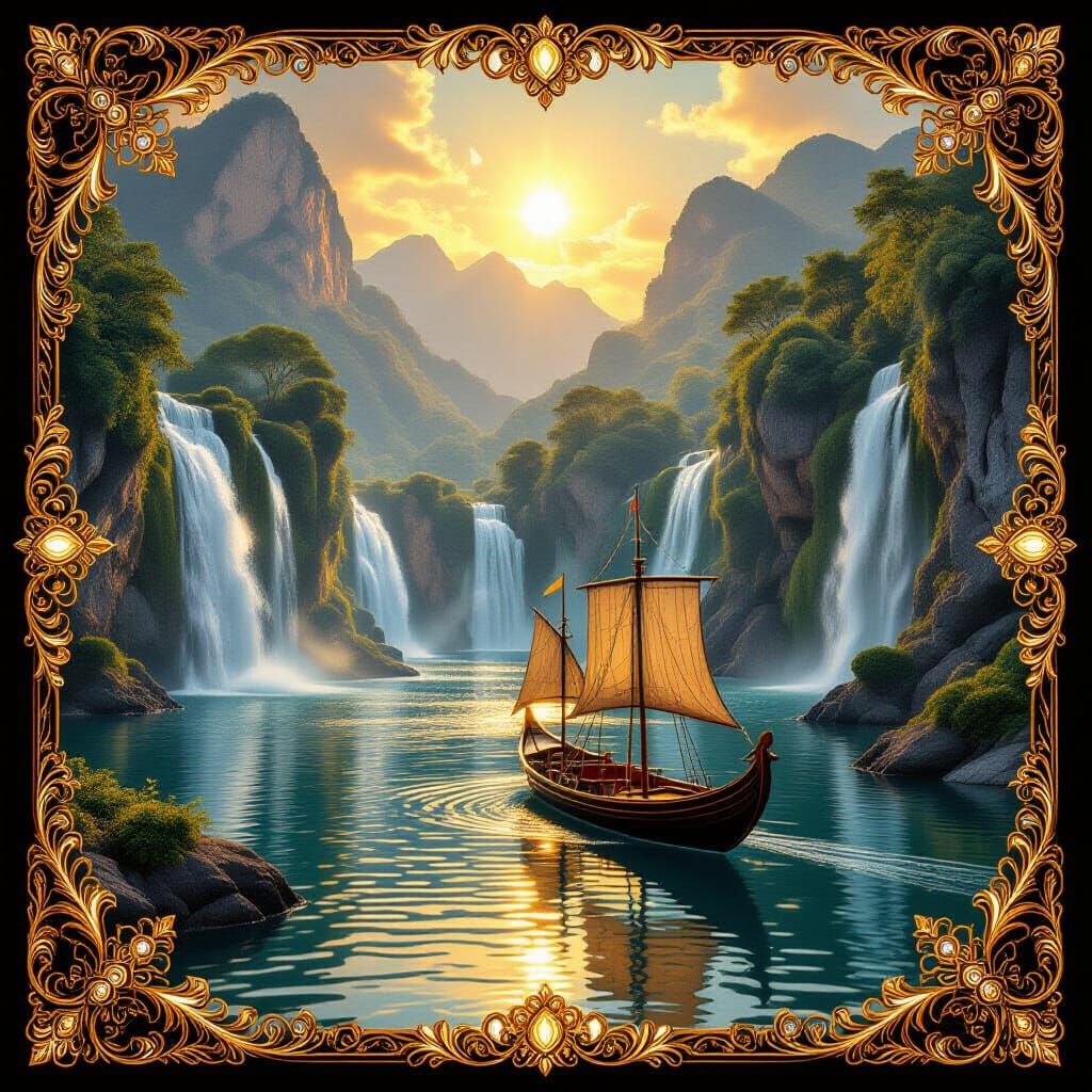Golden Waterfalls and Ship: Ornate Landscape