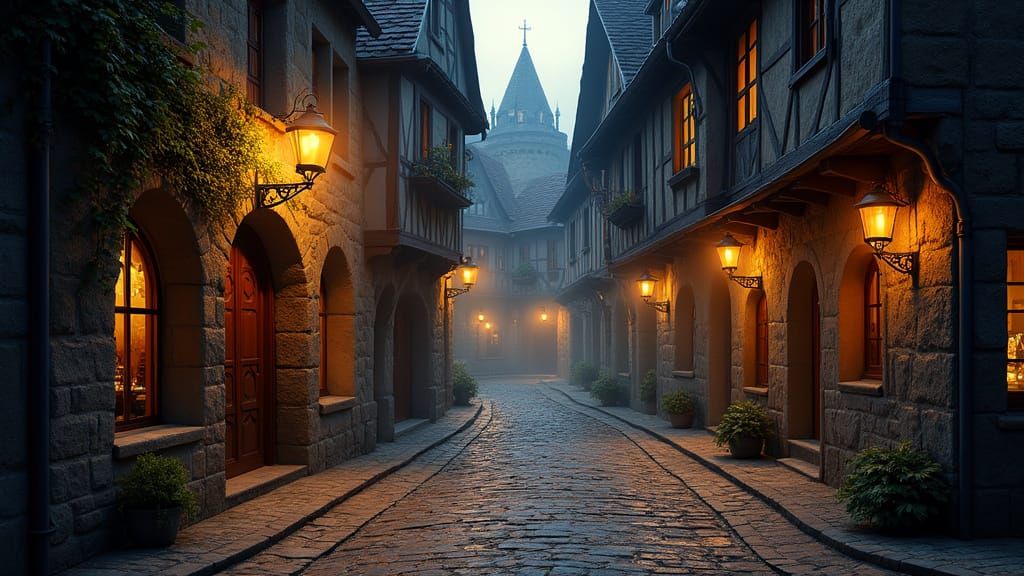 Medieval Town at Dusk: Cobblestone Streets and Lanterns
