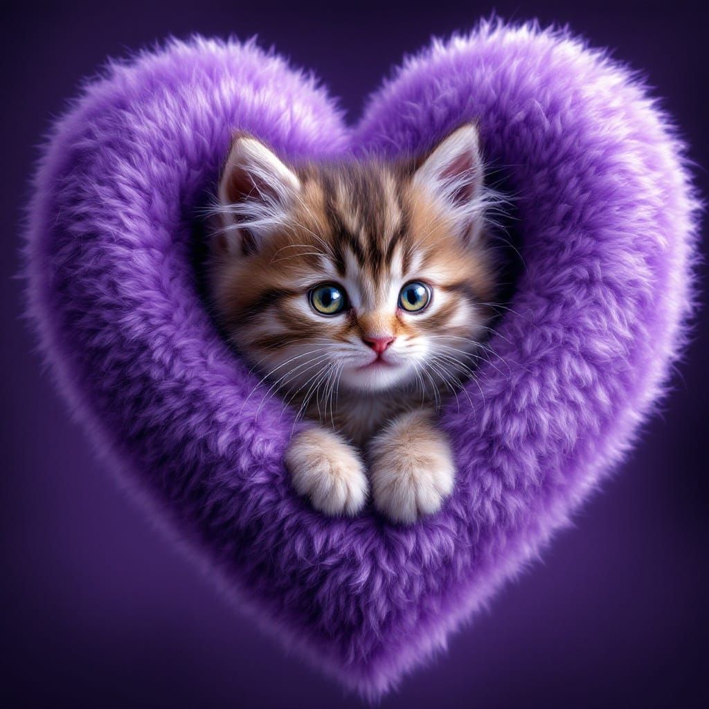 Purple Heart Emoji with Cuddly Kitten in Impressive Detail