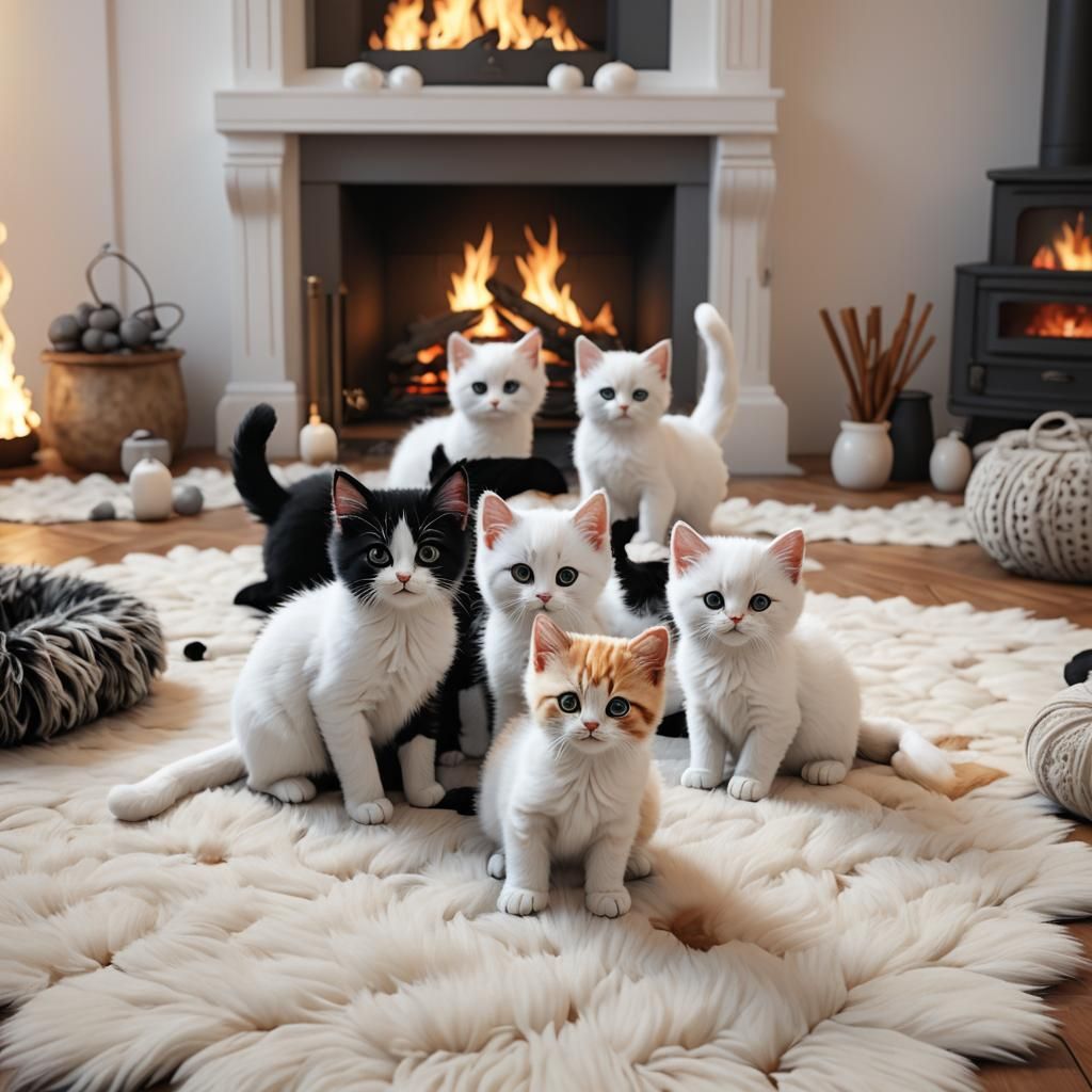 Fluffy Kittens Play by Fireplace: 3D Digital Art