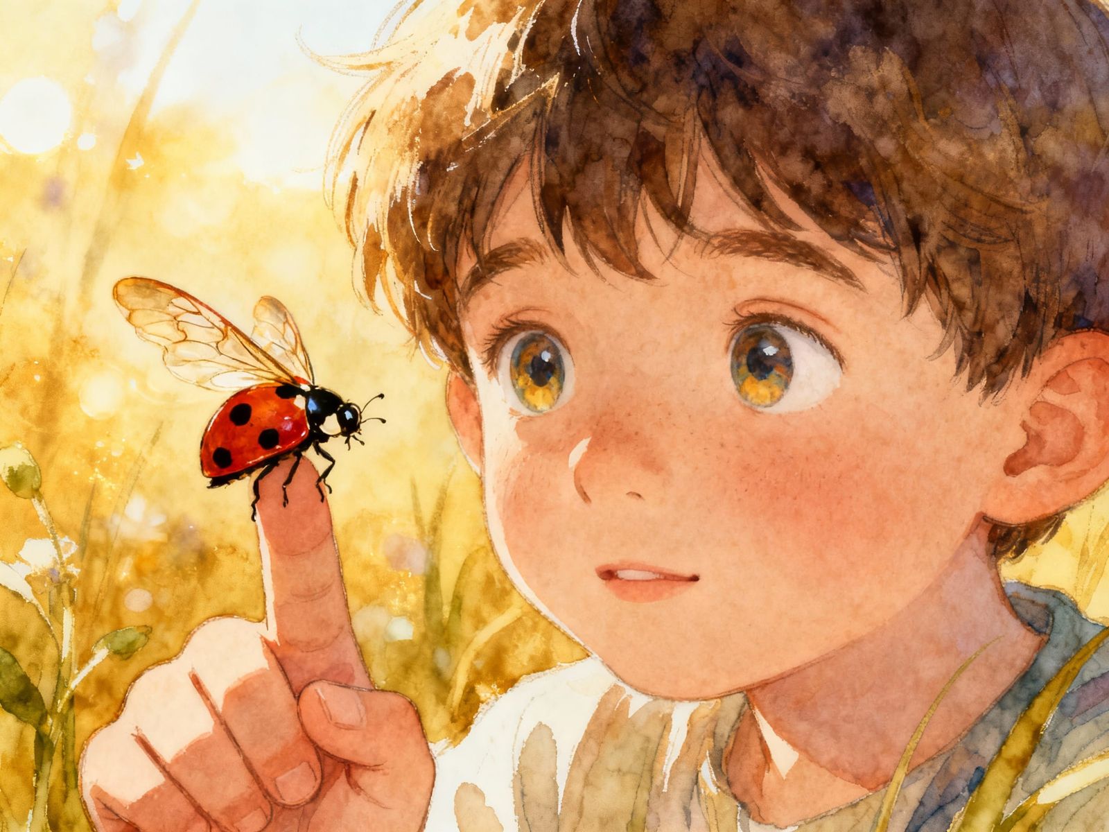 Boy Fascinated by Ladybug Taking Flight in Storybook Style
