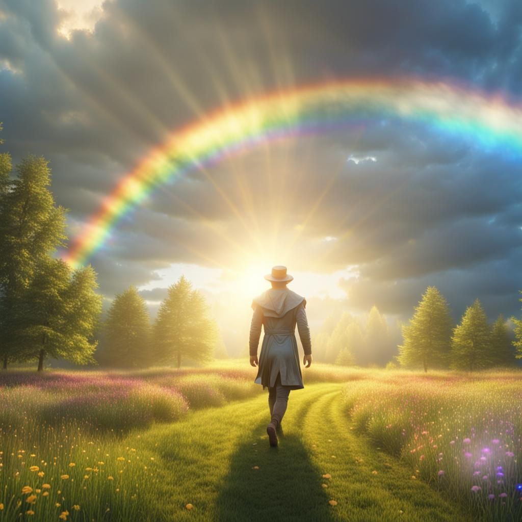 God of Luck in Meadow with Double Rainbow