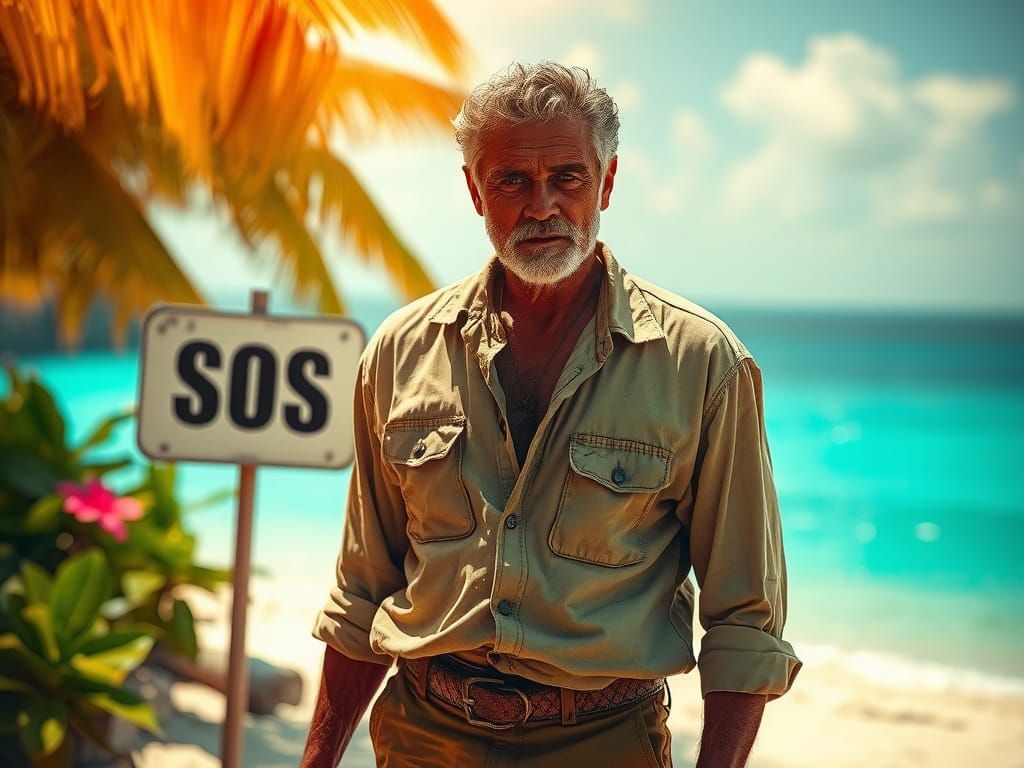 Stranded Man Signals for Help on Island