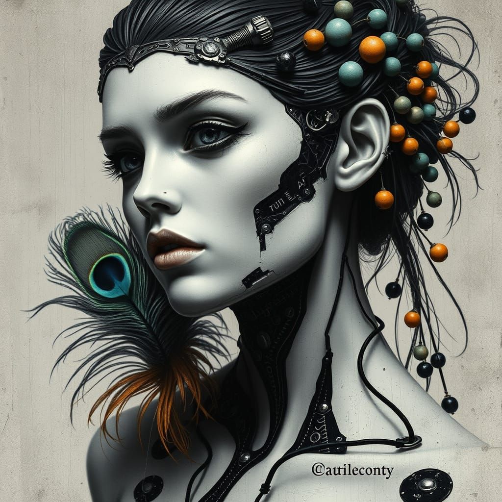 Gothic Cyborg Woman with Broken Skin and Iridescent Feathers