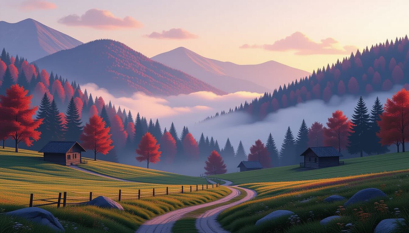 Vibrant Autumn Mountain Dawn with Mist and Forest Path