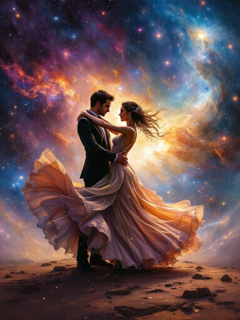Ethereal Dance Couple in a Vibrant Galaxy Oil Painting