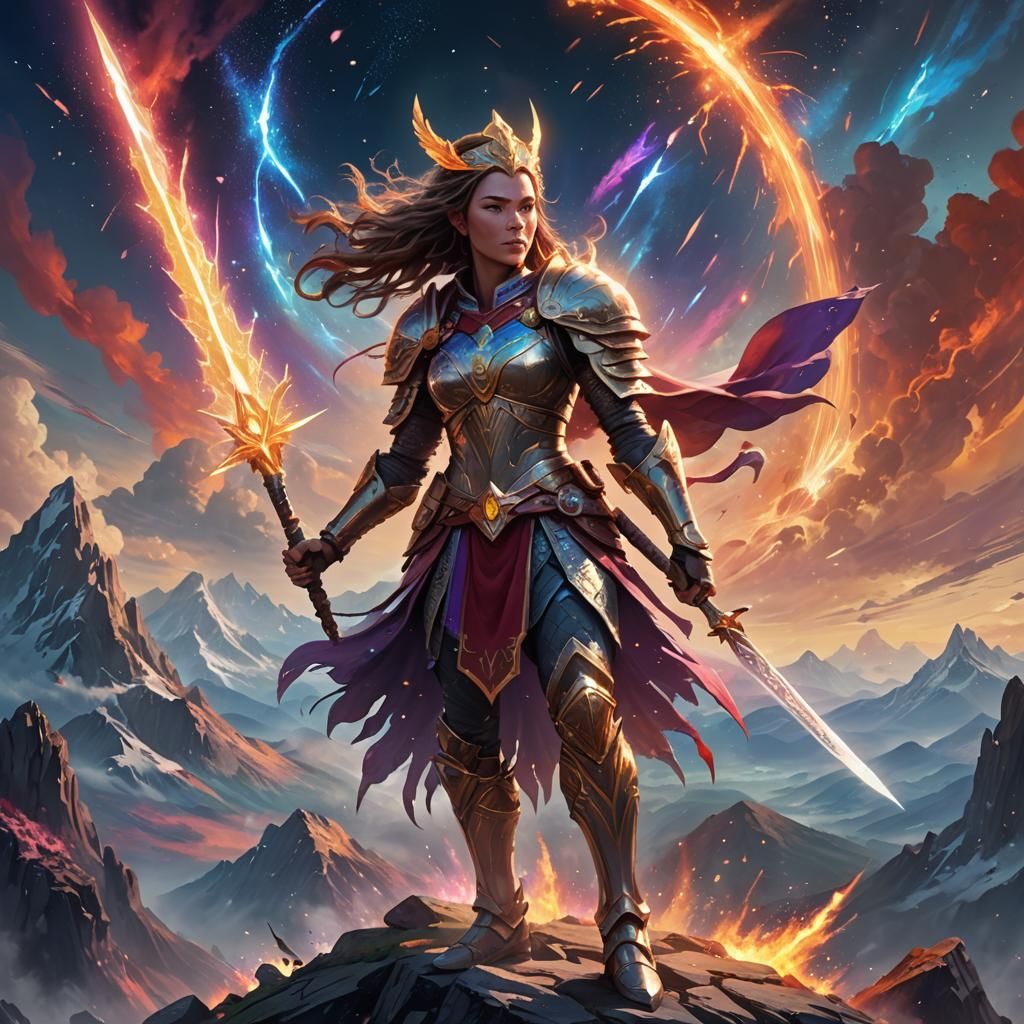 Regal Warrior Victorious on Mystical Mountain Peak