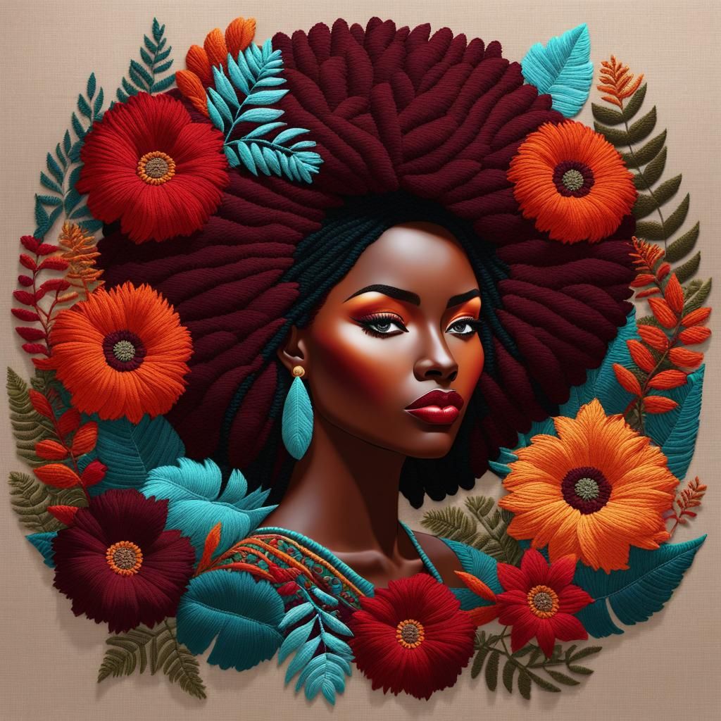 Afrocentric Embroidery Portrait with Floral Accents