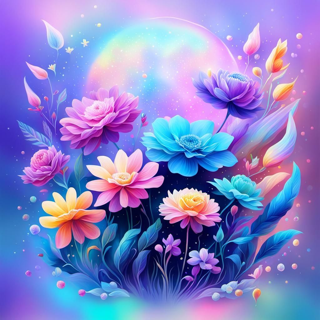 Astral Flowers in Pastel Colors: Holographic Illustration