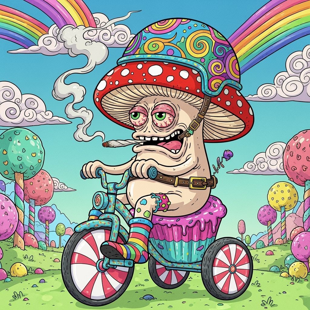 Psychedelic Mushroom Rides a Tricycle in Cartoon Style