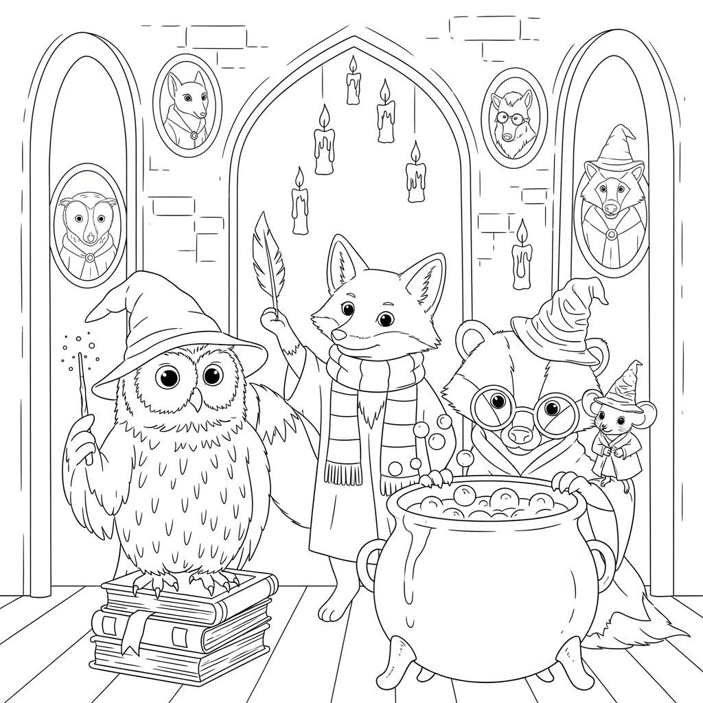 Whimsical Animals at Wizard School: A Coloring Page