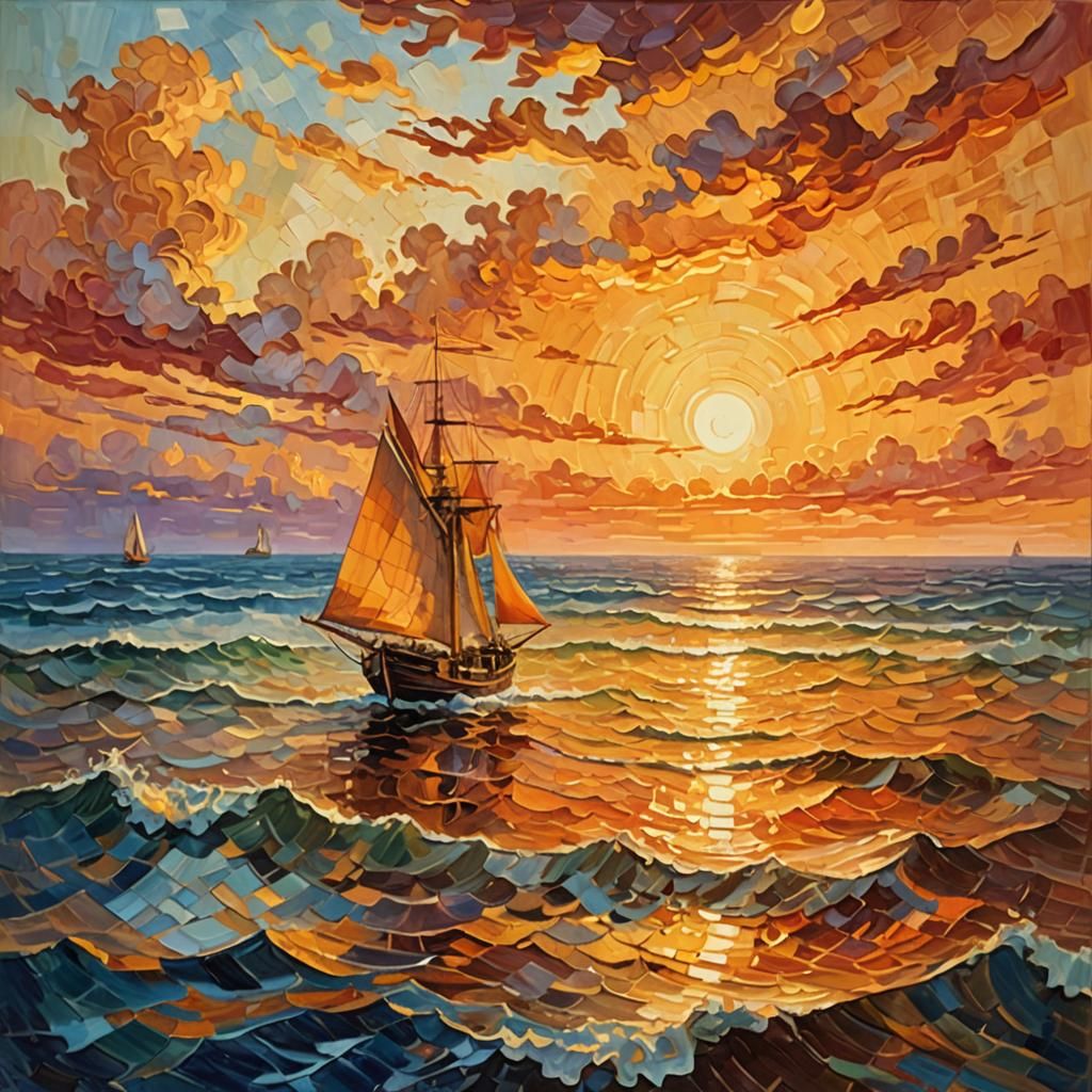Neo-Impressionist Seascape at Golden Sunset