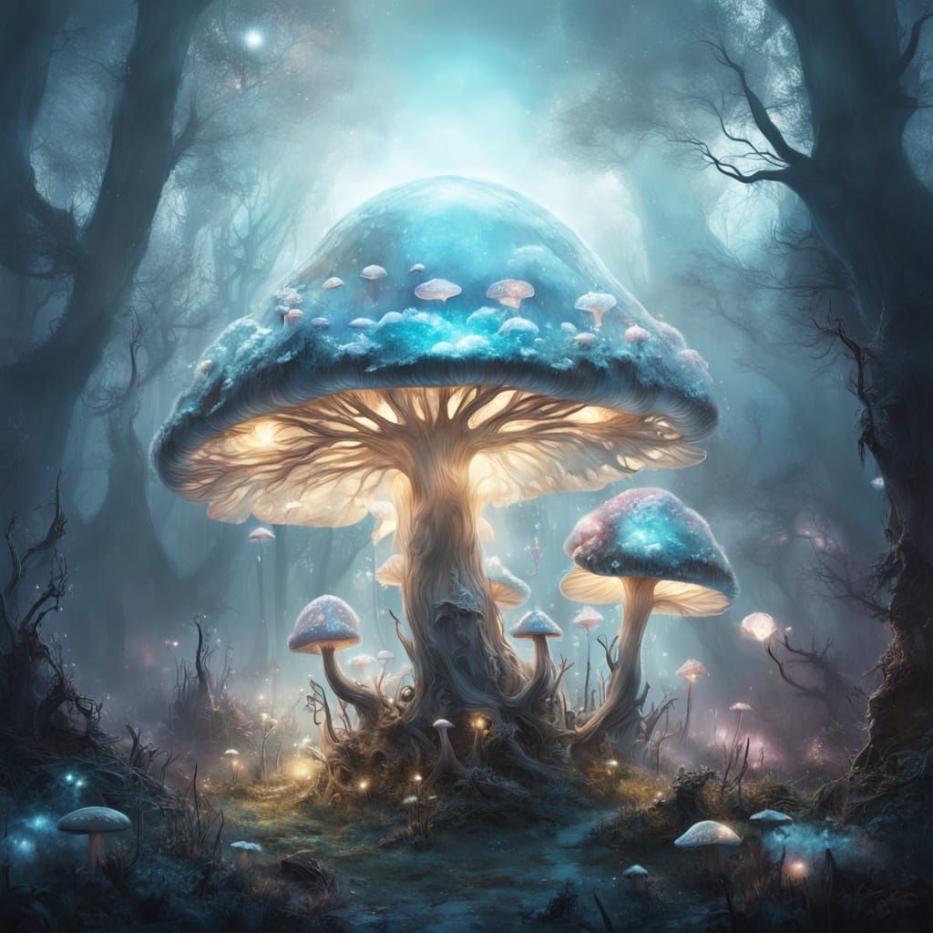 Glowing Cyberpunk Mushroom Enthralls Delicate Fairy in Misty...
