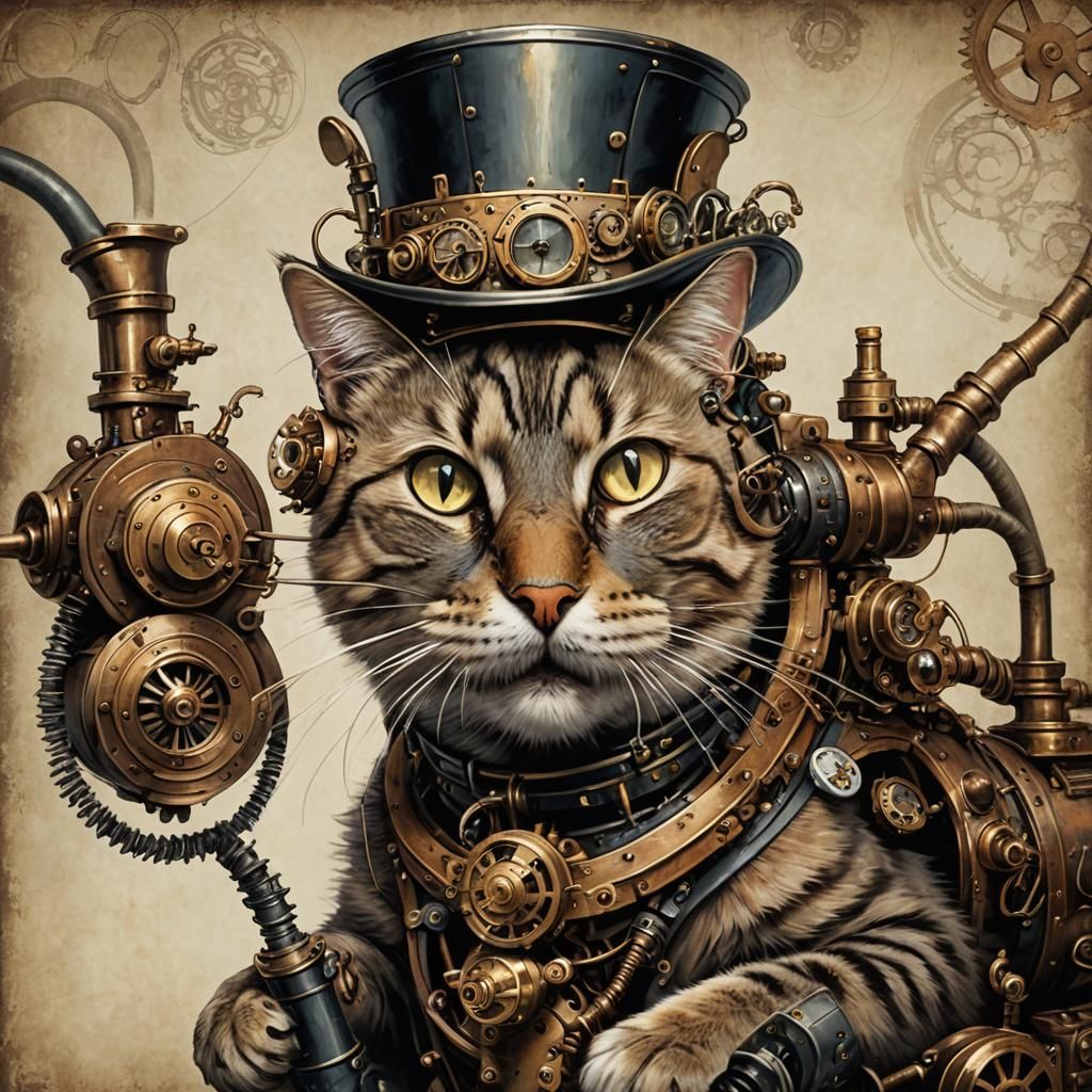 Steampunk Cat Captures Mouse