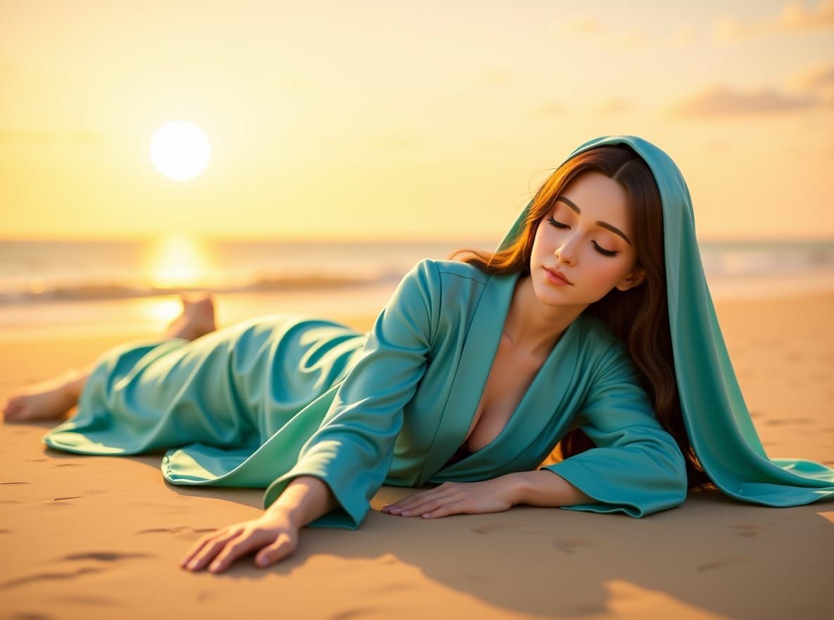 Serene Beach Sleep: Woman in Turquoise Silk at Sunrise