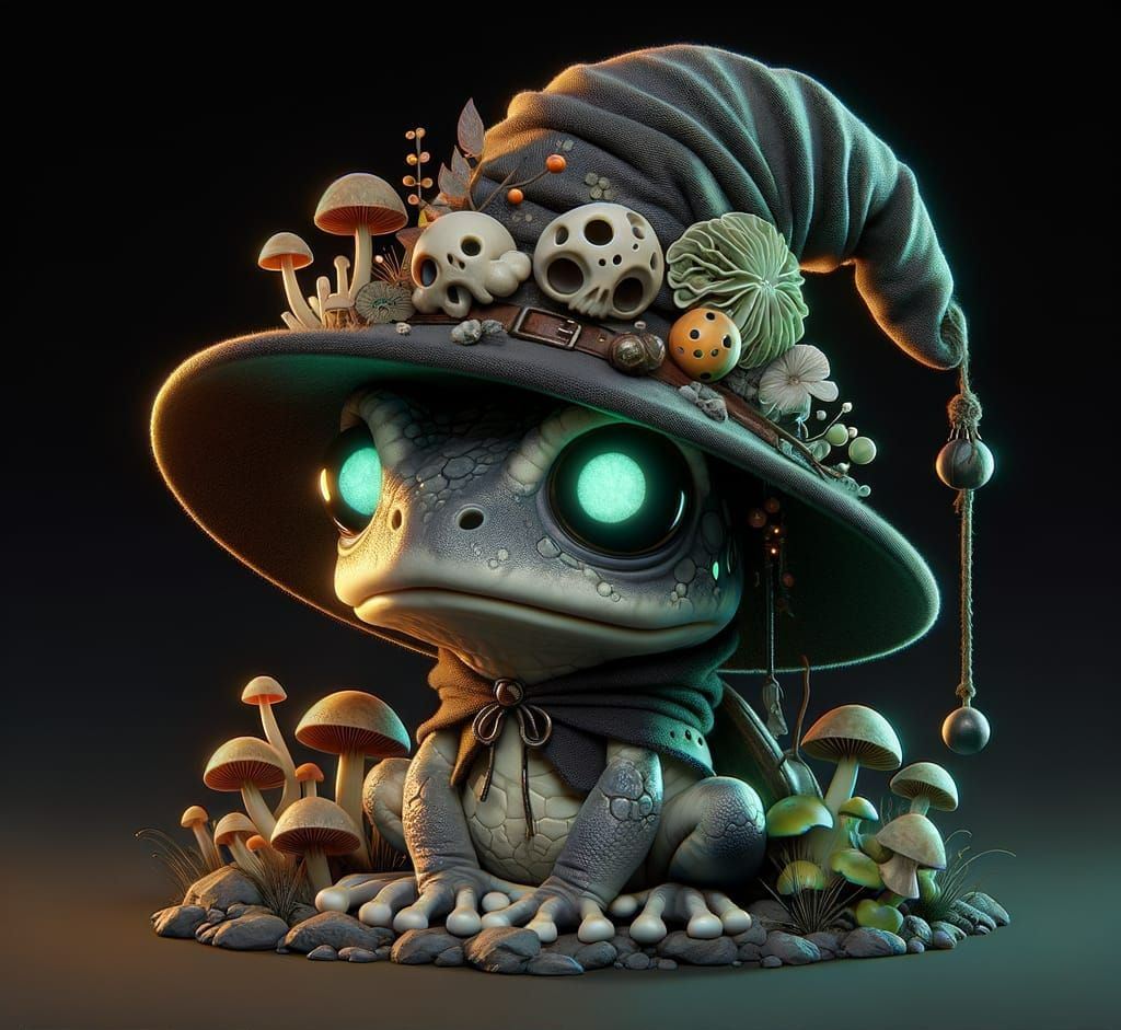 Chibi Undead Frog with Witch Hat in 3D