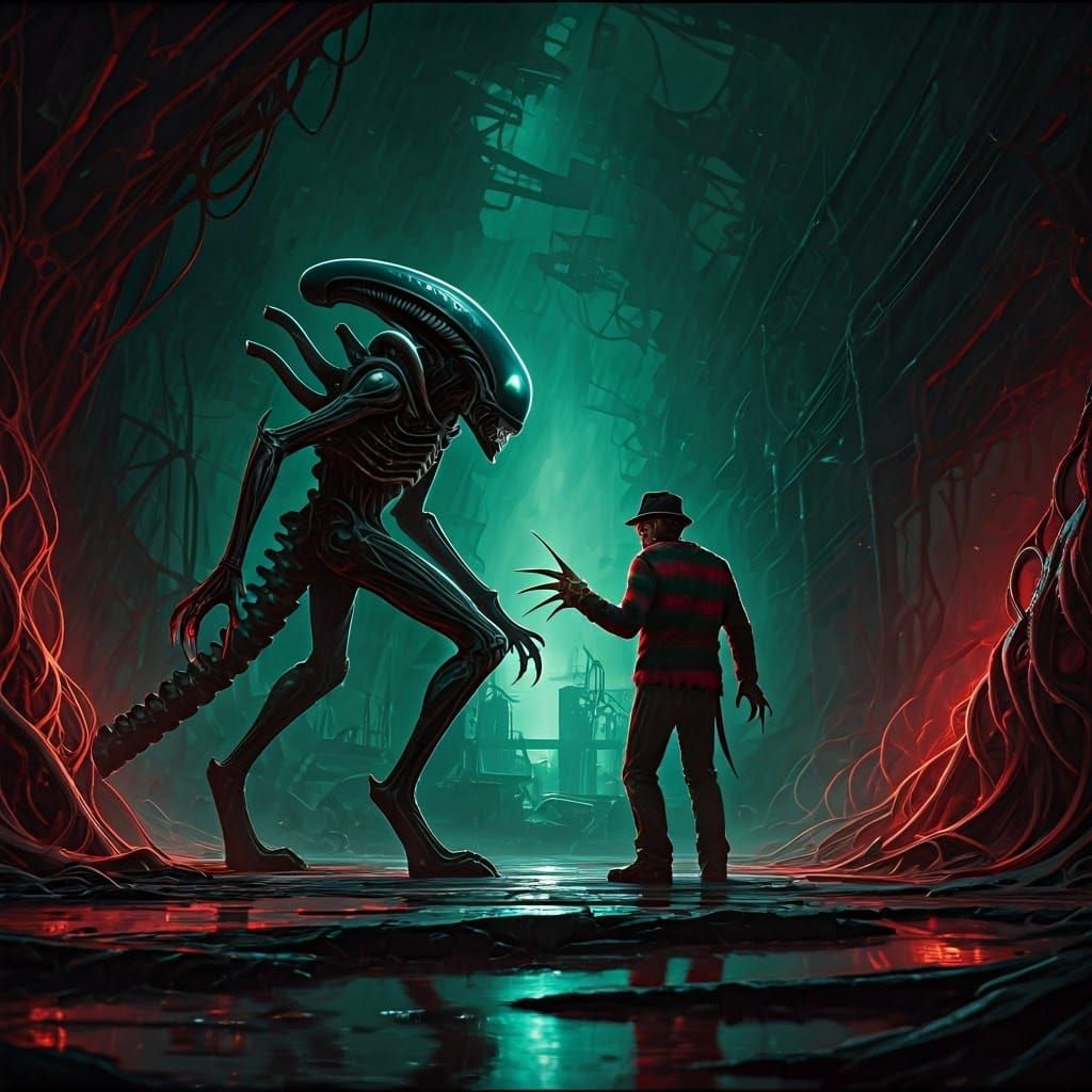 Xenomorph vs Freddy Krueger in Dark Surrealist Style