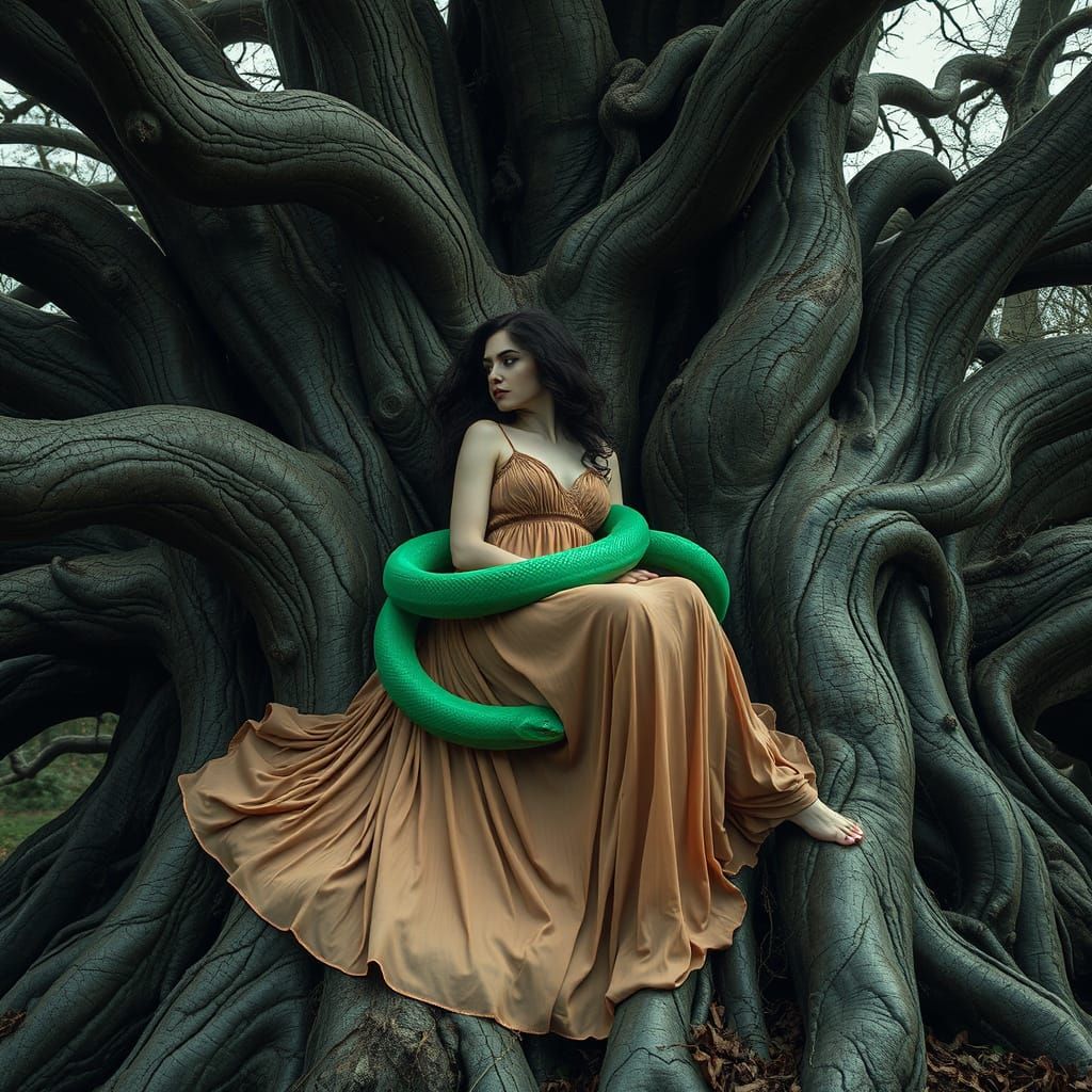 Woman Coiled by Snake in Ancient Tree