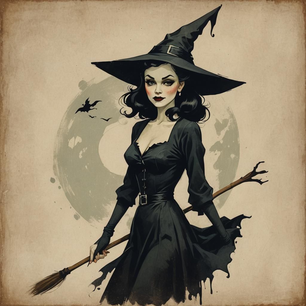 Vintage Minimalist Painting of a Pin-Up Witch