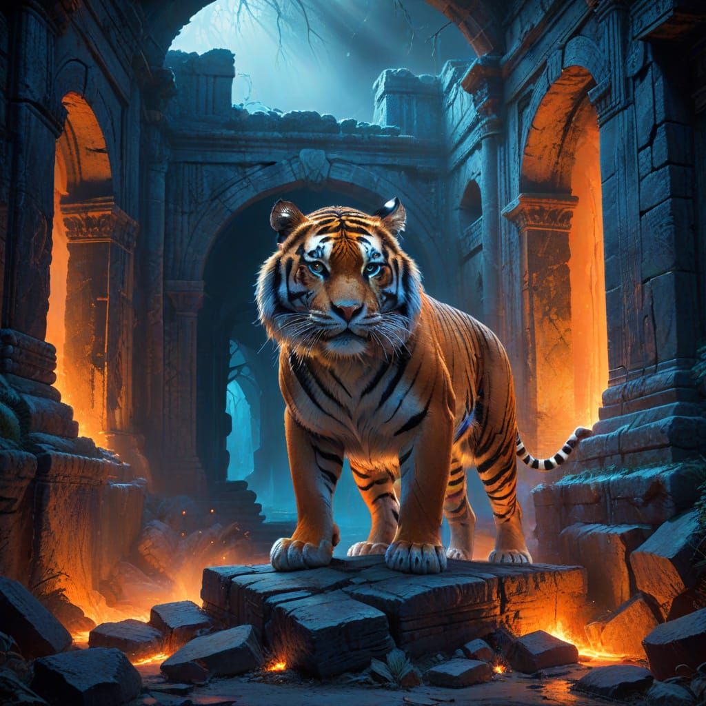 Majestic Tiger with Spectral Markings in Ancient Ruins