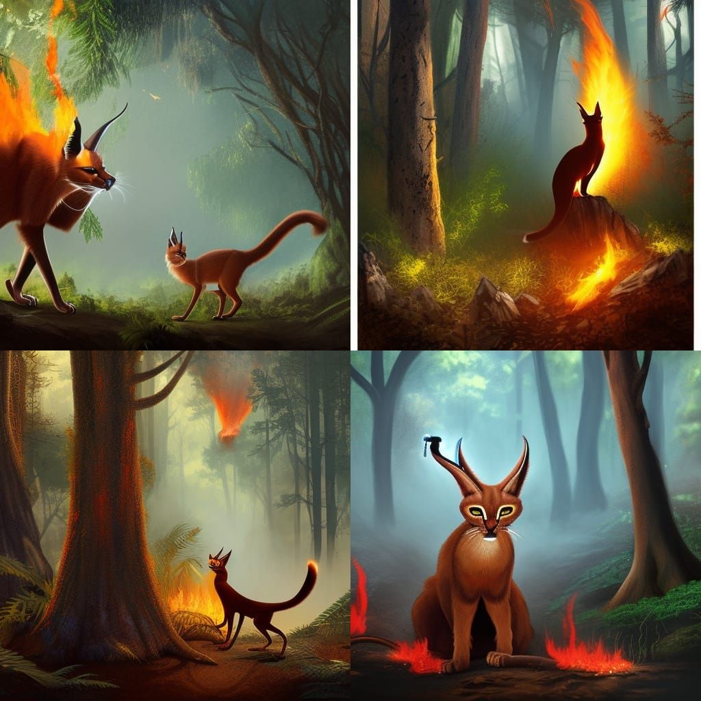 Caracal Ignites Forest with Flamethrower: Matte Painting