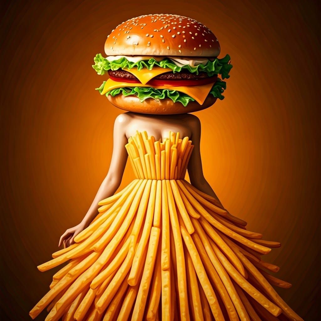 Whimsical Woman in Burger Bun Hat, Surreal Art