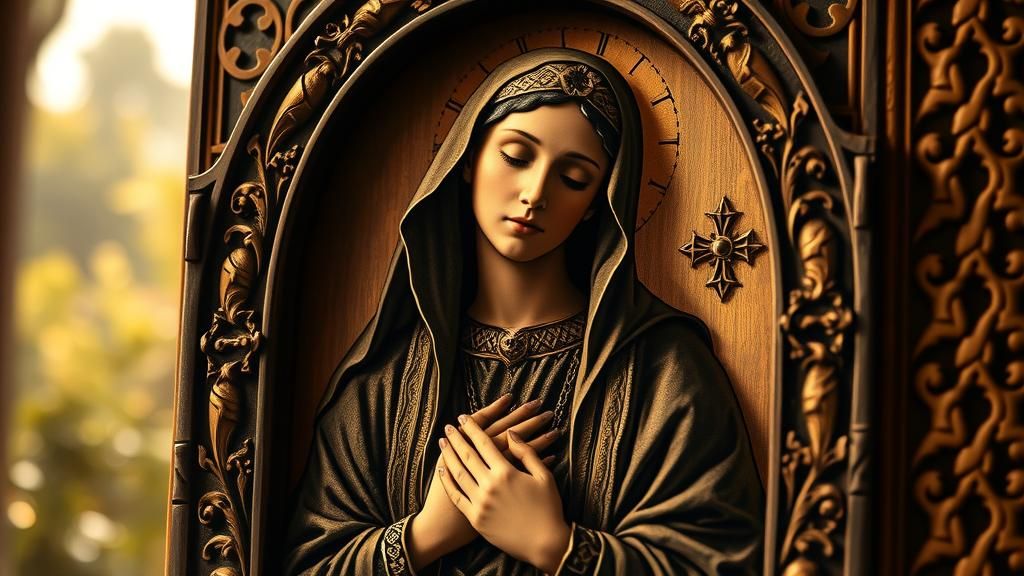 Blessed Virgin Mary Woodcut in Ornate Border