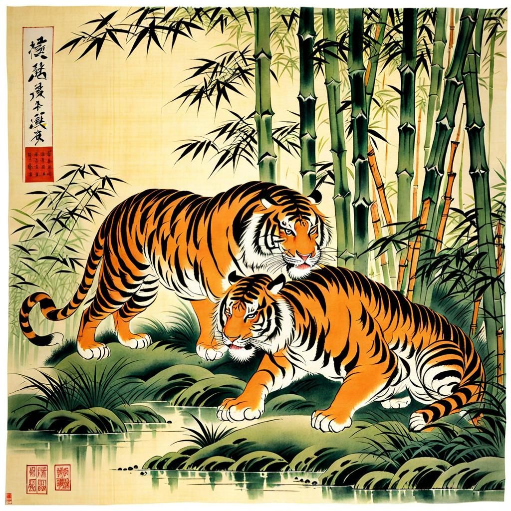 Tiger and Dragon Fight in Sumi-e Bamboo Grove