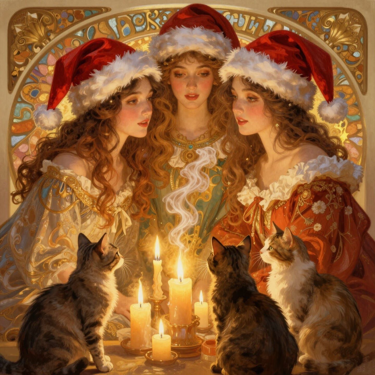 Festive Women with Cats, Candles & Santa Hats