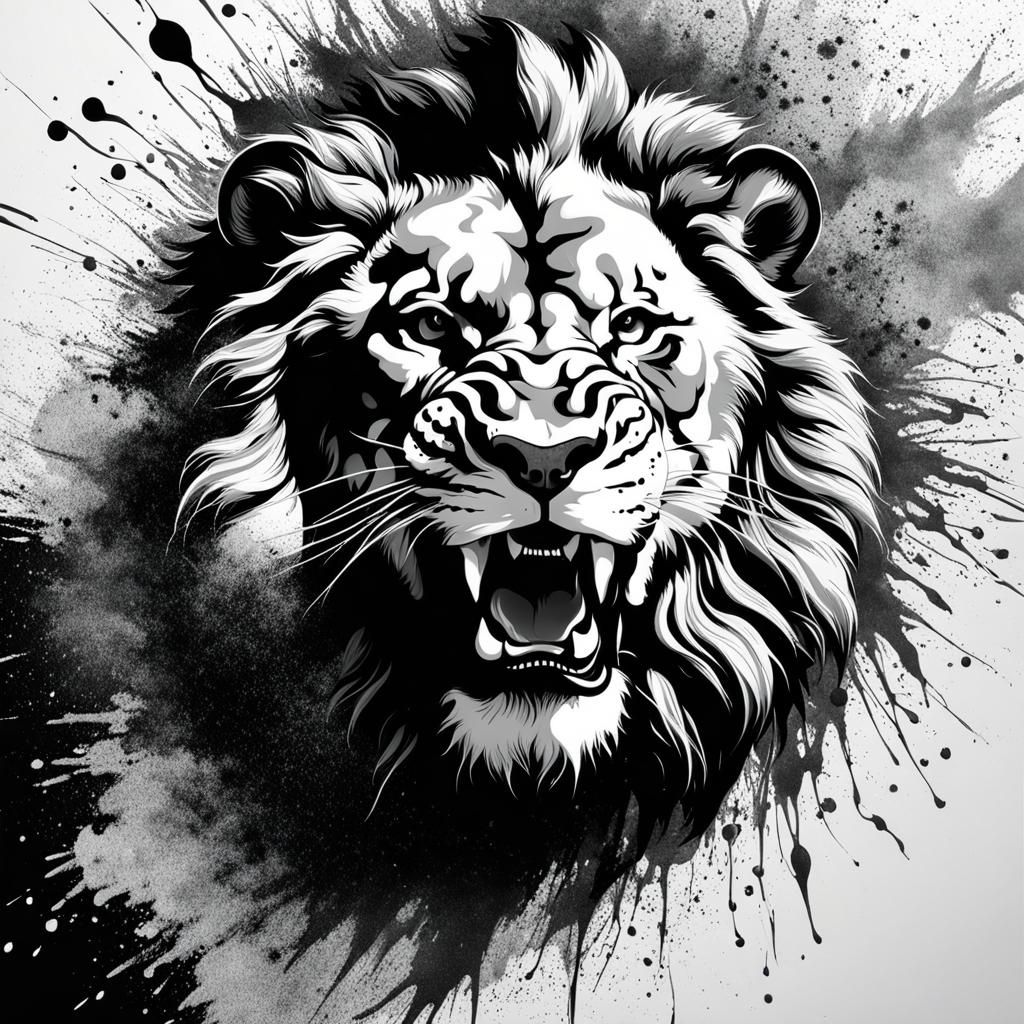 Swirling Oriental Lion in Black and White Splatter Art