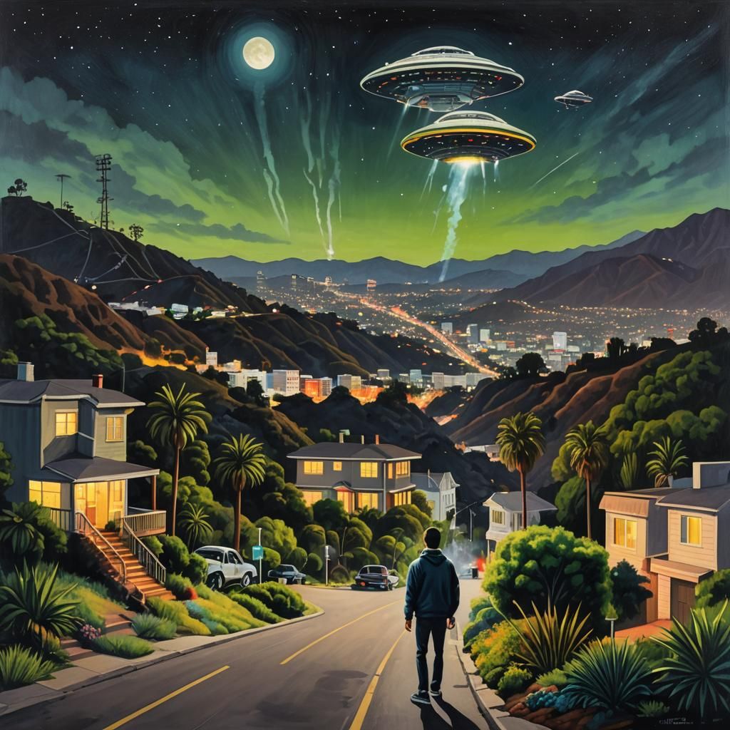 Nighttime Los Angeles Gouache Painting with UFO