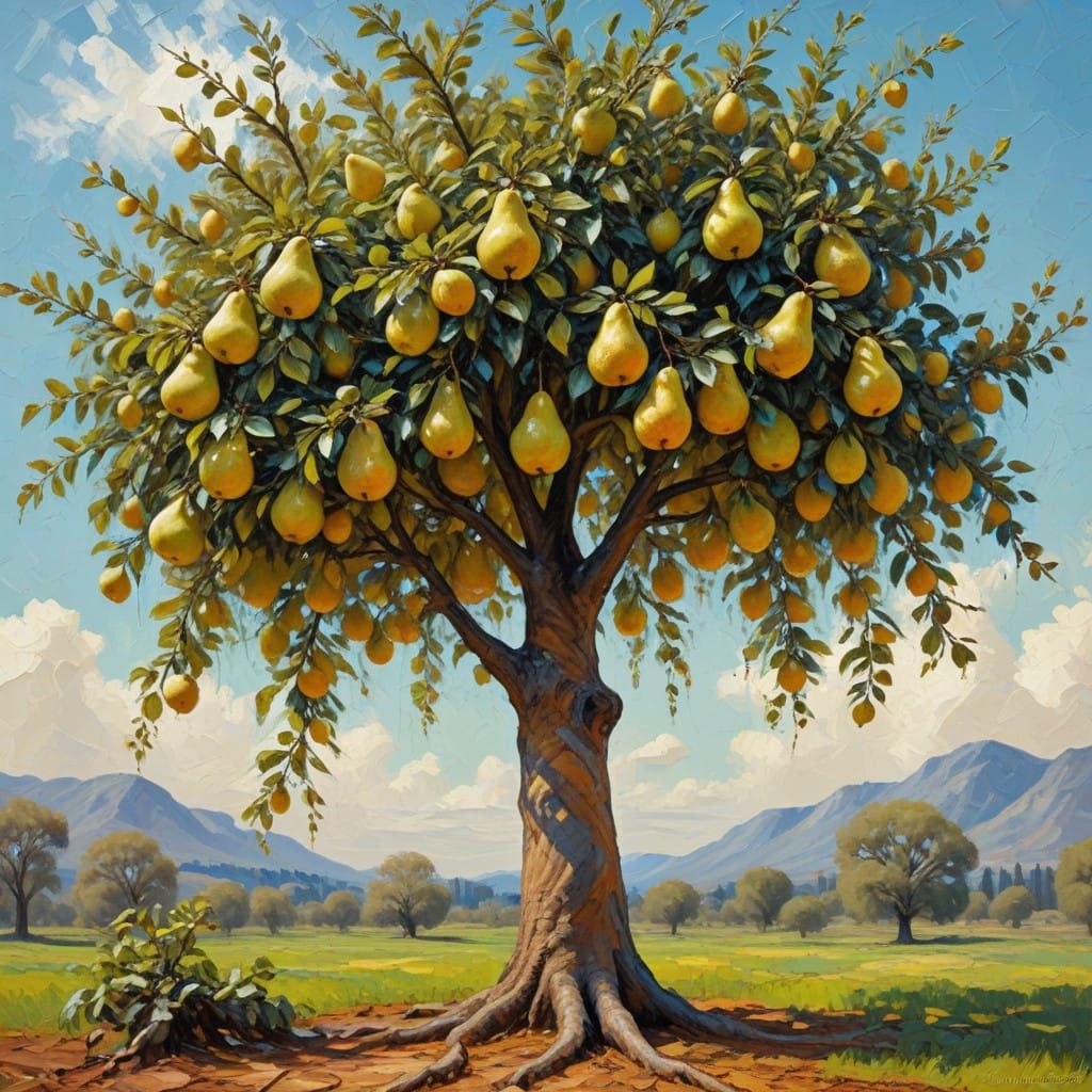 Abstract Impasto Cascade in a Lush Pear Tree Setting
