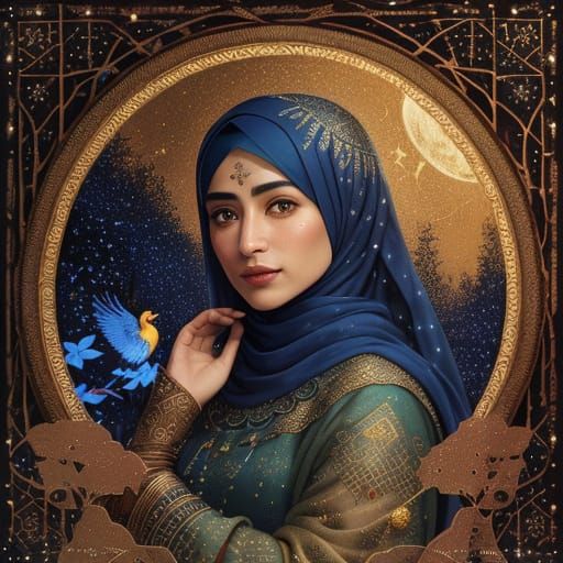 North African Woman with Songbird in Digital Art