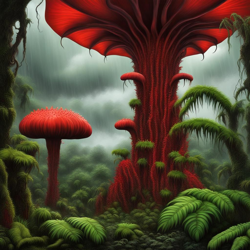 Surreal Red Plant BBQ in Stormy Neon Forest