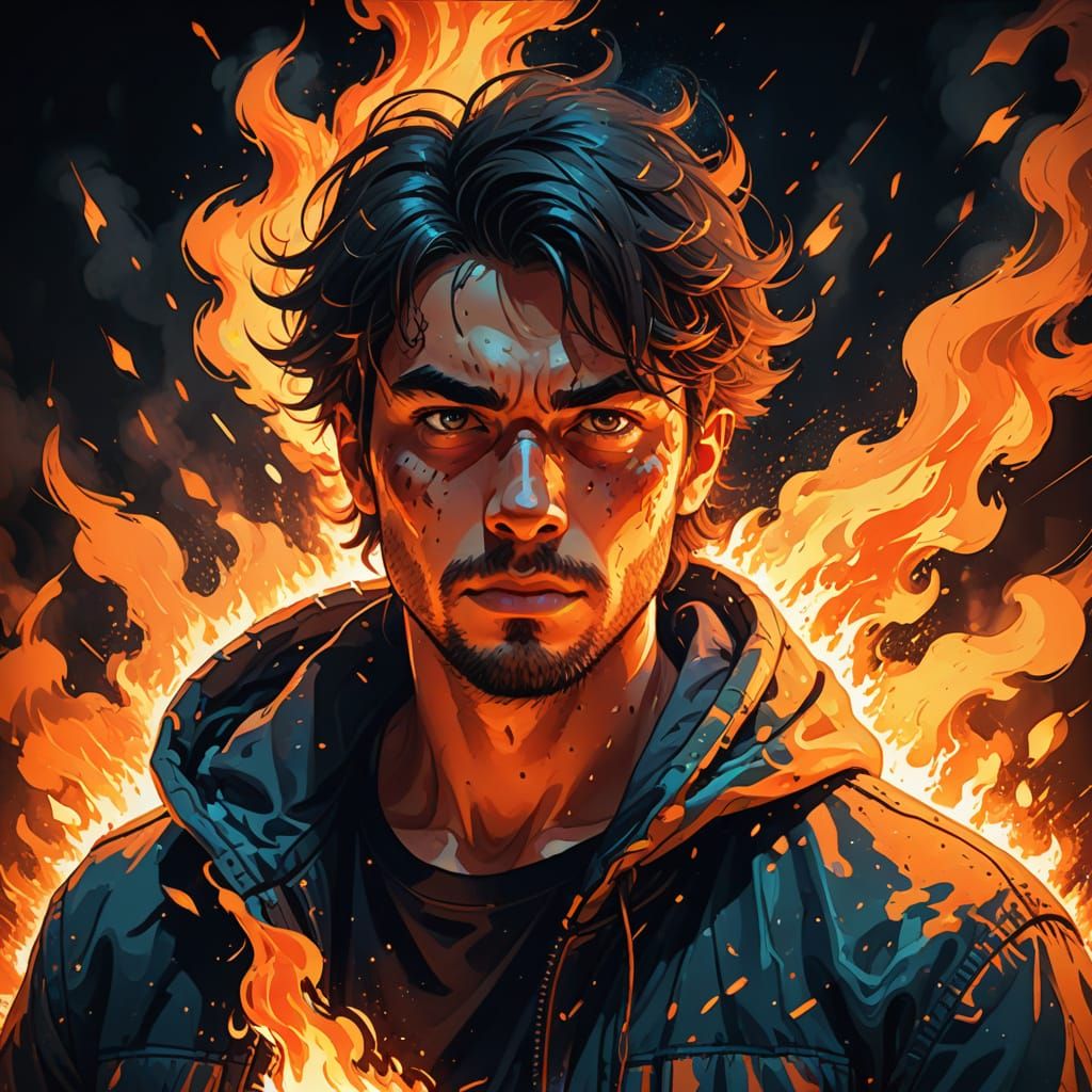 Sweating Person in Pixel Art Style with Flames