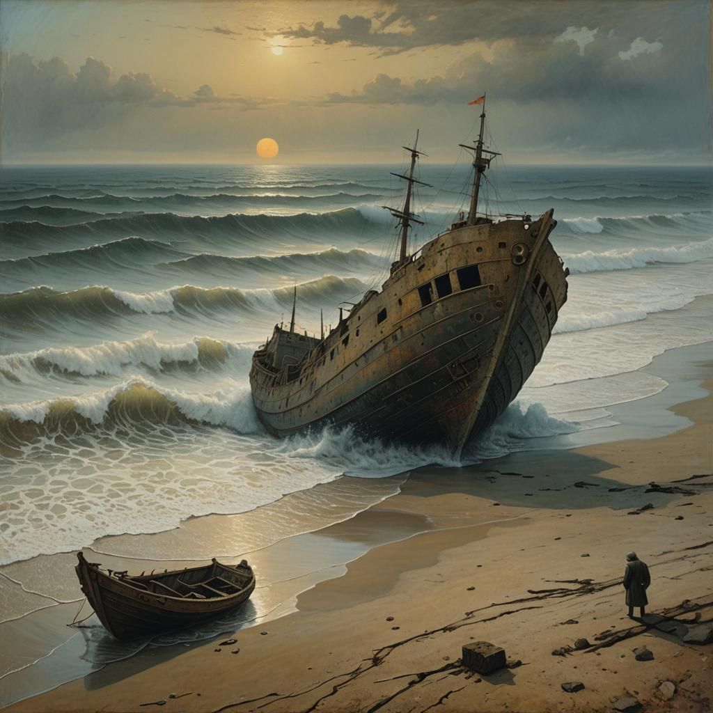 Surreal Shipwreck Painting in Beksiński Style
