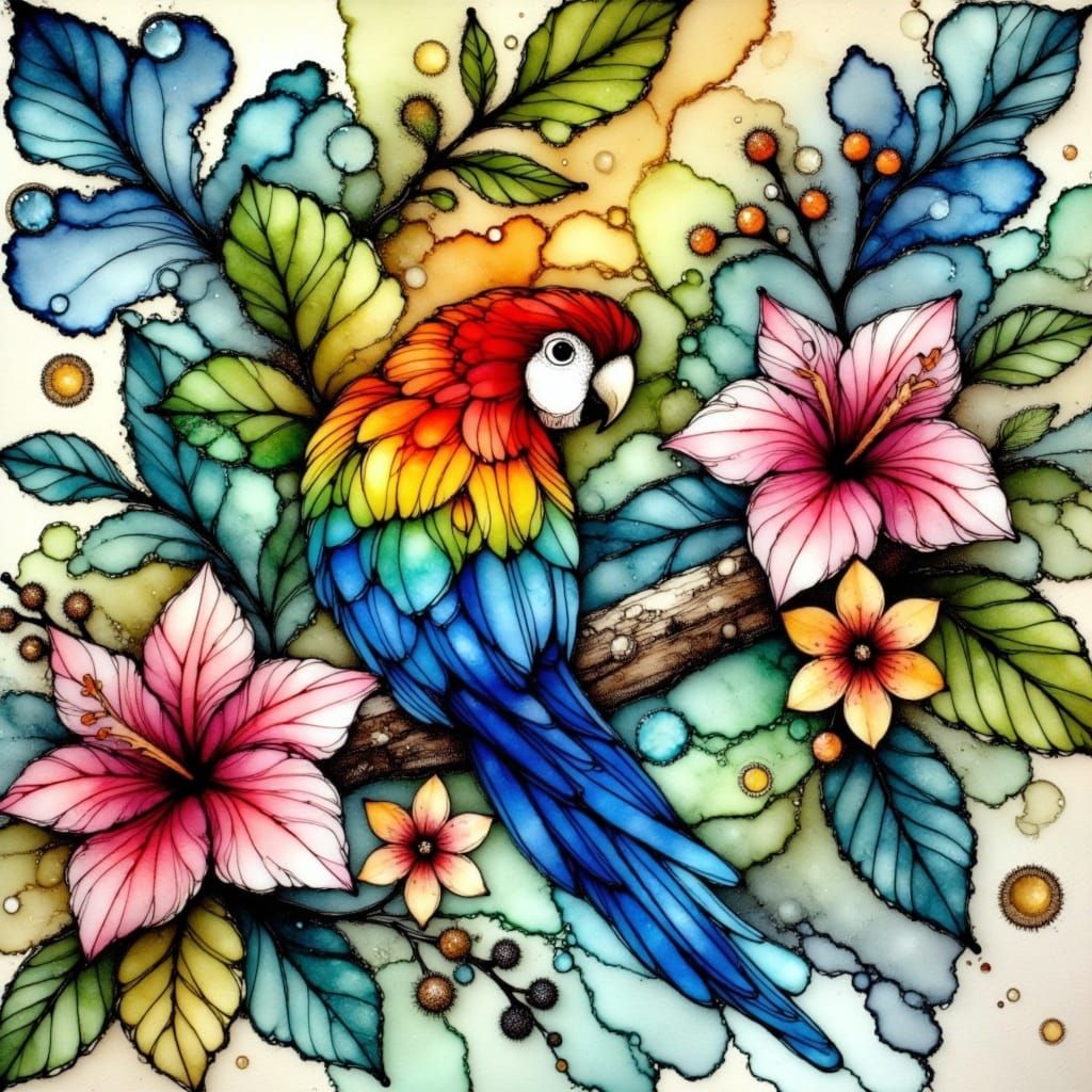 <lora:Alcohol Ink Splash:1.0> stained glass alcohol ink splash beautiful parrot in a tropical forest Japanese ink wash