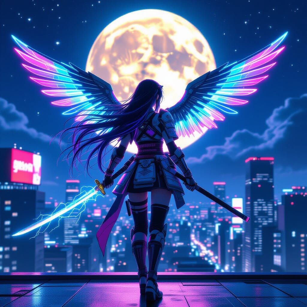 Anime Girl With Neon Wings on Cyberpunk Tokyo Rooftop
