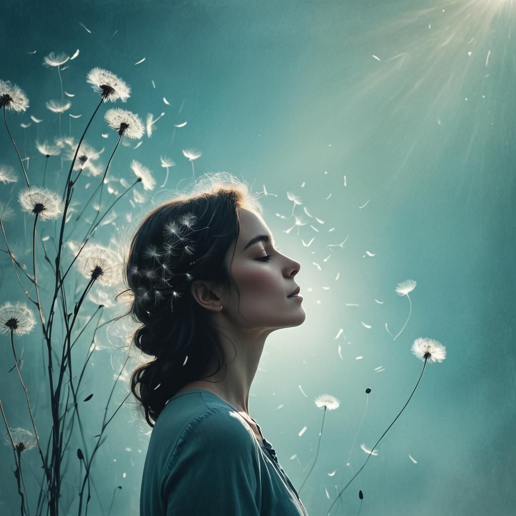 Woman Surrounded by Dandelions in Impressionist Style