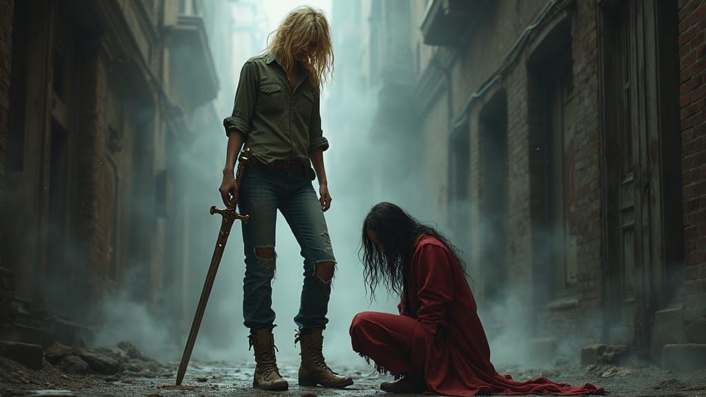 Two Women Stand in a Smoky Alley, Post-Battle