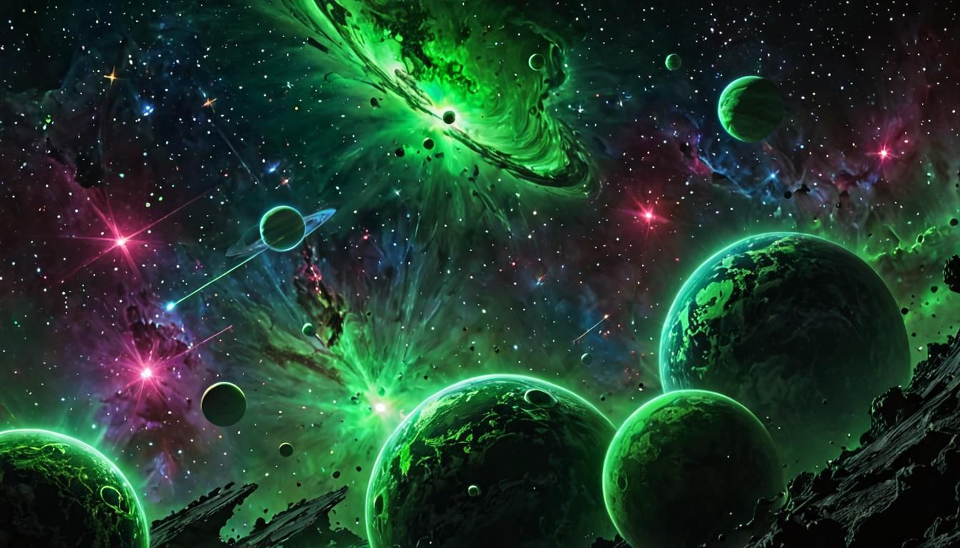 Surreal Neon Green Nebulae and Radiant Stars