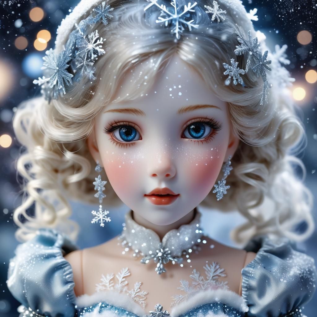 Glass Doll in Sparkling Winter Scene: Hyper-Realistic Portra...