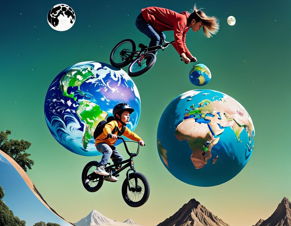 Kid On His BMX Bike, Stunt Jumping Over A Globe Of Earth, With A Huge Oversized Moon, Partially In View In The Backgroun...