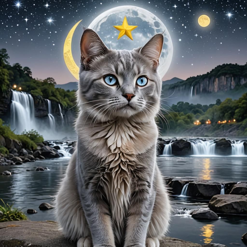 Regal Blue-Grey Cat Under Starry Night Sky