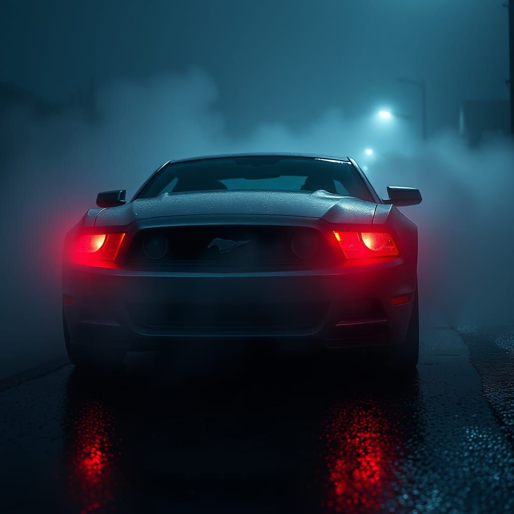 Sleek Mustang Pierces Fog in Hyperrealistic HDR