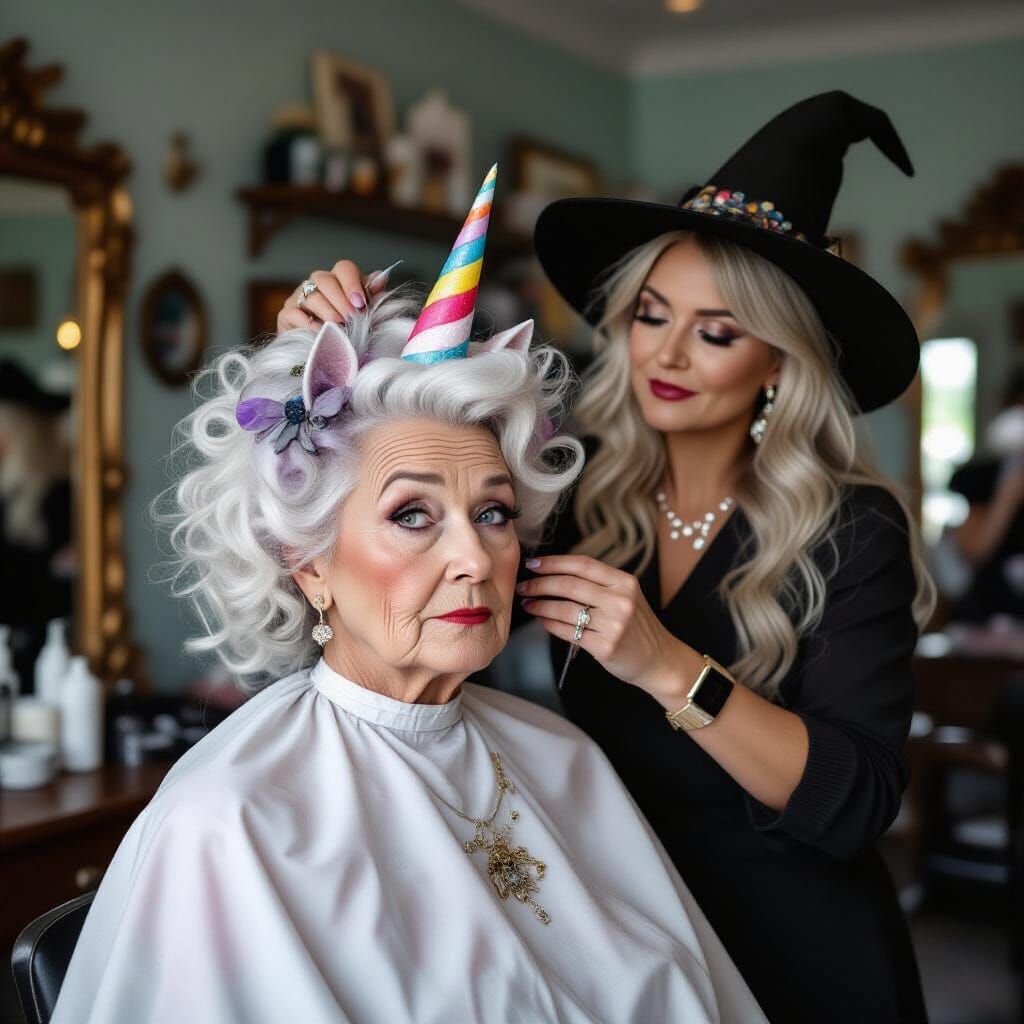 Witch Hairdresser Styles Unicorn Woman's Hair in Magical Sal...