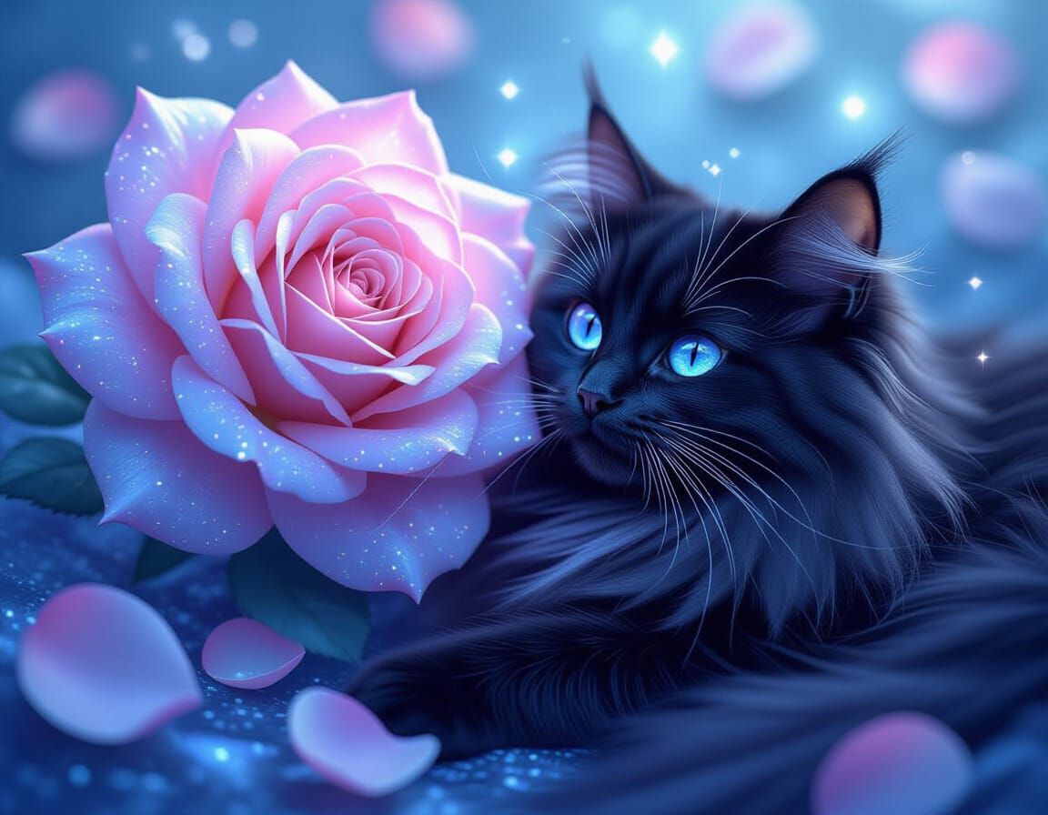 Blueberry Rose with Cat in Fantasy Style