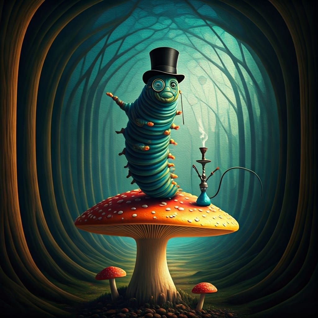 Caterpillar's Whimsical Dance: A Surreal Forest Scene