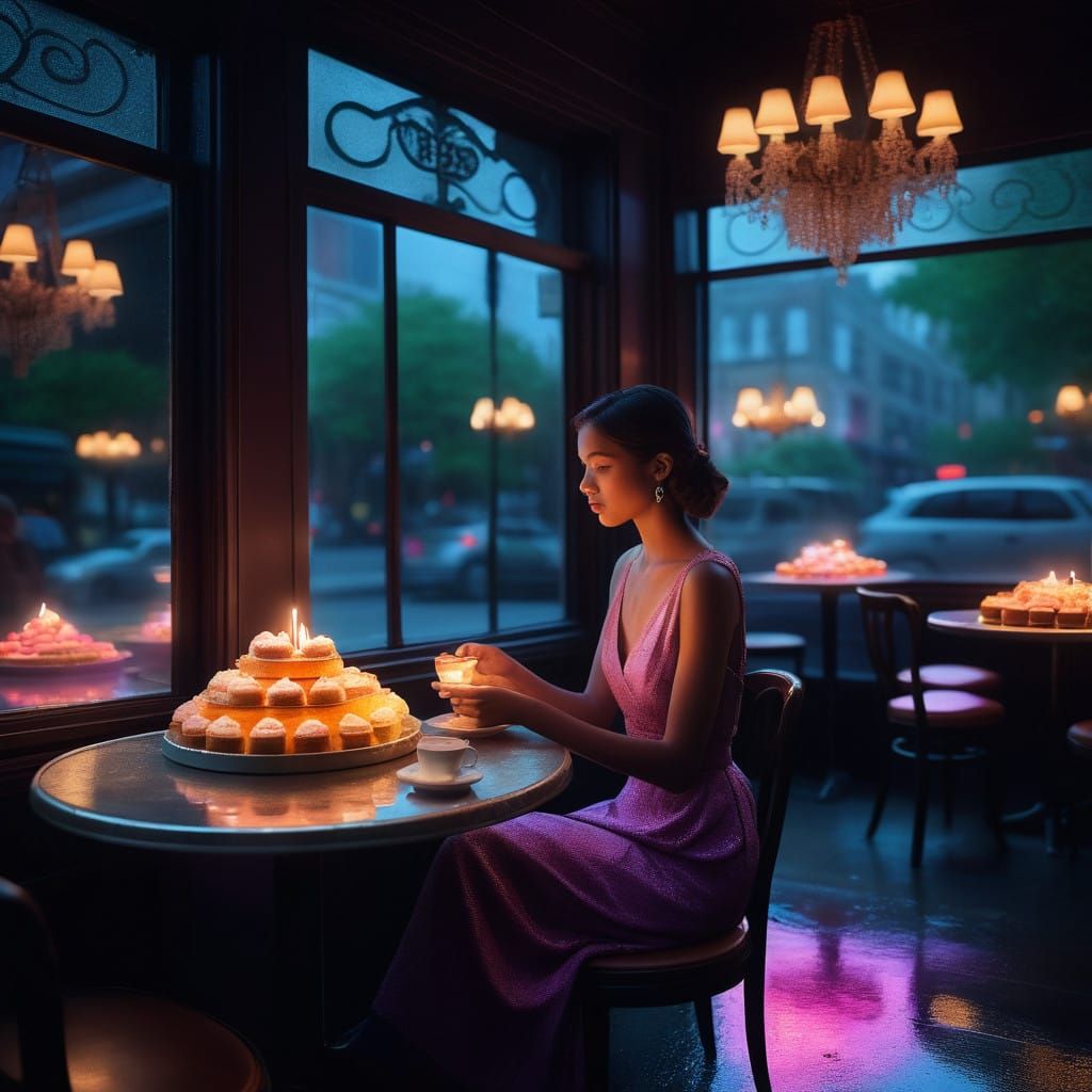 Romantic Nighttime Cafe Scene in Moody Lighting