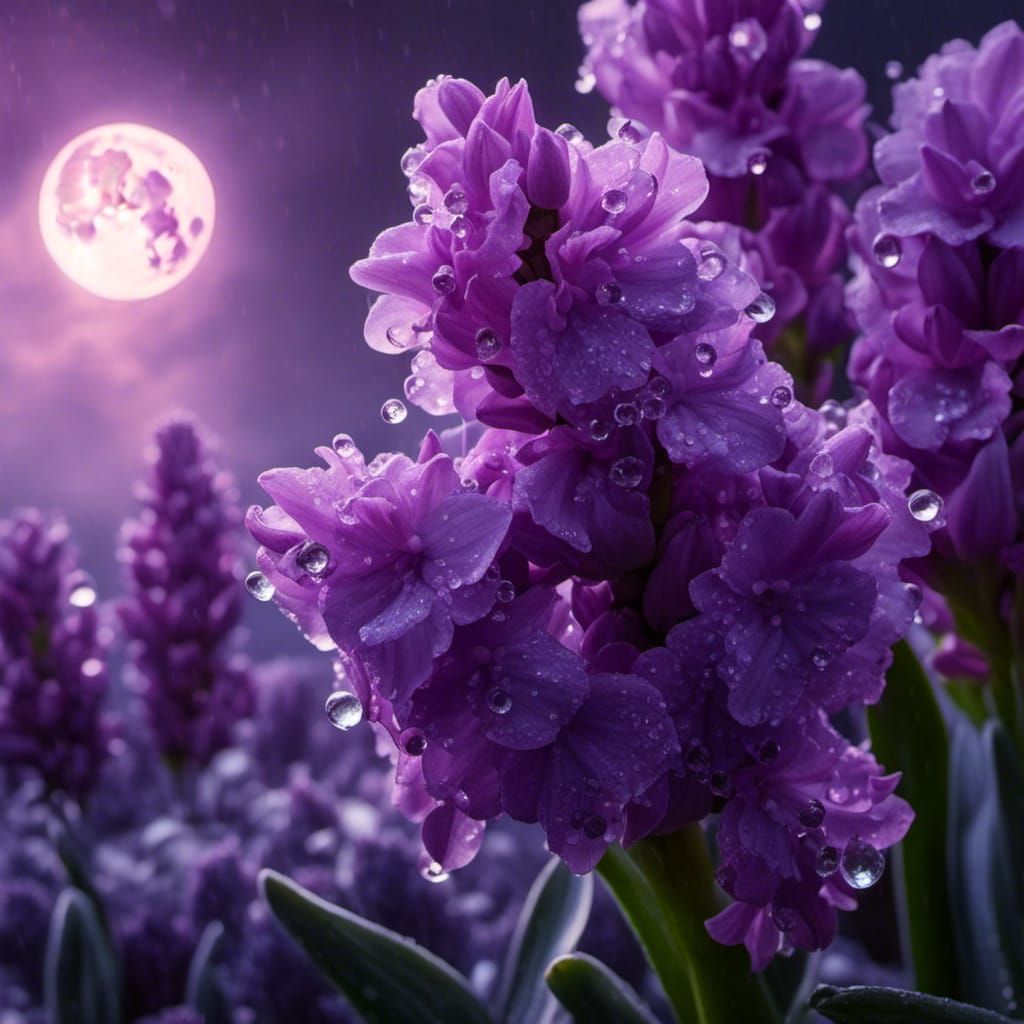 Dew-Kissed Purple Hyacinth in Moonlight